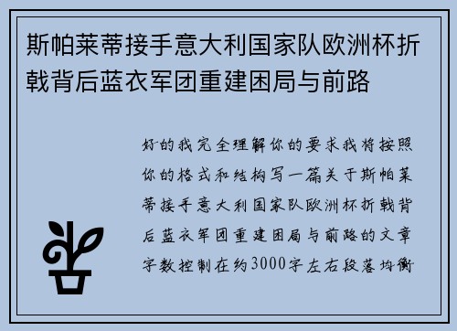 斯帕莱蒂接手意大利国家队欧洲杯折戟背后蓝衣军团重建困局与前路